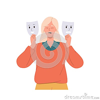 Unhappy young woman cartoon character crying trying to choose face mask to hide real emotion Vector Illustration