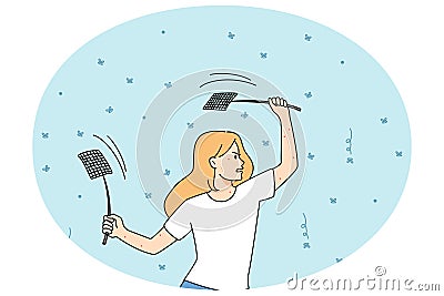 Woman with fly swatters killing mosquitos Vector Illustration