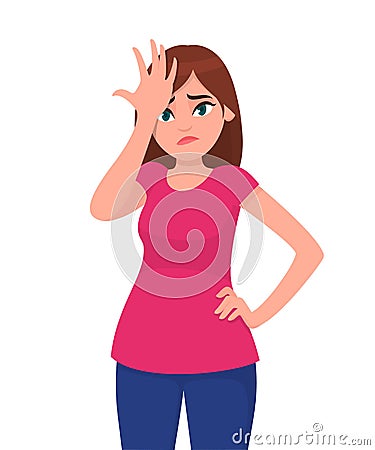 Unhappy young woman hand on head for mistake, remember error. Forgot, bad memory. Human emotion and body language concept. Vector Illustration