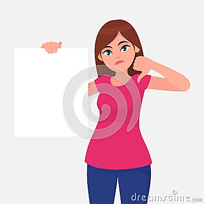 Unhappy young woman holding a blank / empty sheet of white paper or board and gesturing thumbs down sign. Vector Illustration