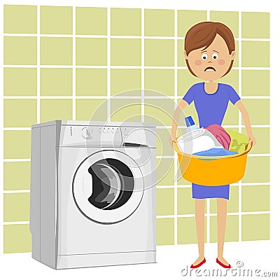 Unhappy young woman standing next to washing machine with basin filled with dirty clothes Vector Illustration