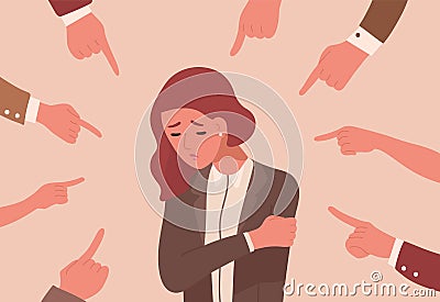 Unhappy young woman surrounded by hands with index fingers pointing at her. Concept of victim blaming, public Vector Illustration