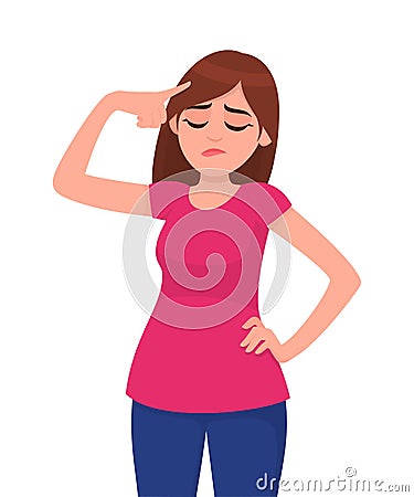 Unhappy young woman touching head while closed eyes. Woman holding fingers on her temples. Human emotion and body language concept Vector Illustration