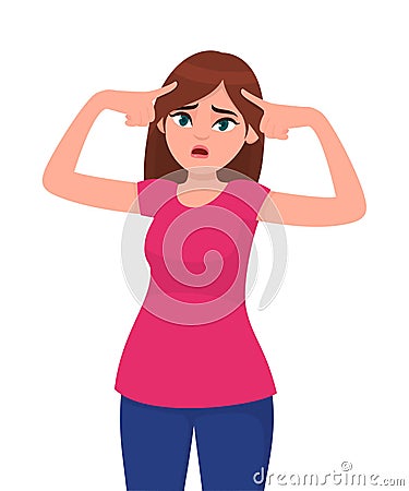 Unhappy young woman touching head while standing against white background. Woman holding fingers on her temples. Human emotion. Vector Illustration