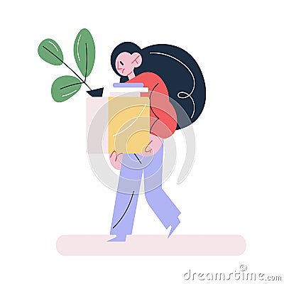 Unhappy young woman worker carrying belongings from office feeling depressed with dismissal Vector Illustration