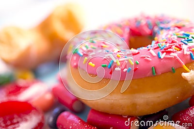 Unhealthy but delicious group of sweet sugar donut cakes and lot Stock Photo