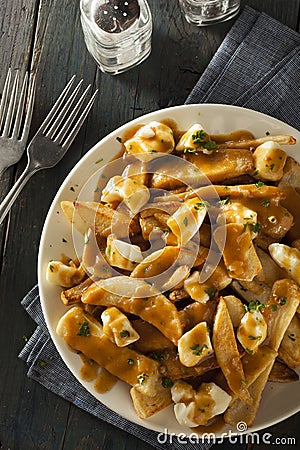 Unhealthy Delicious Poutine with French Fries Stock Photo