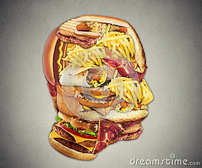 Unhealthy diet health concept fast food in shape of human head Stock Photo