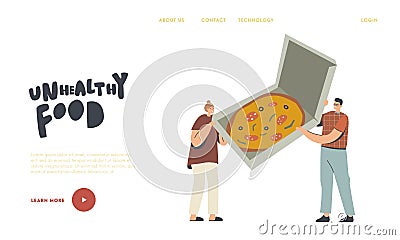 Unhealthy Eating Landing Page Template. Tiny Characters Hold Box with Huge Italian Pizza with Olives, Herbs and Sausage Vector Illustration