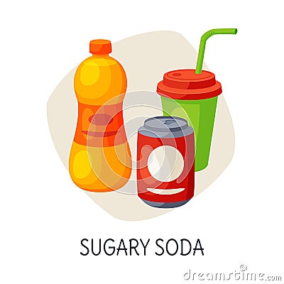 Unhealthy Food for Brain, Sugary Soda Drinks Vector Illustration Vector Illustration