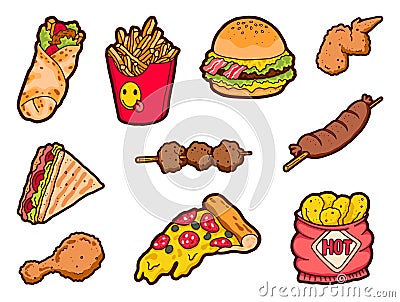 Unhealthy food. Cartoon junk food with hot dog burger and sweet drinks. Vector food set Vector Illustration