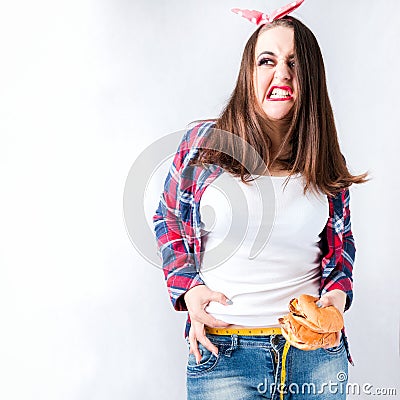 Unhealthy food fat woman concept, Hungry girl XXL bad food, Mode Stock Photo