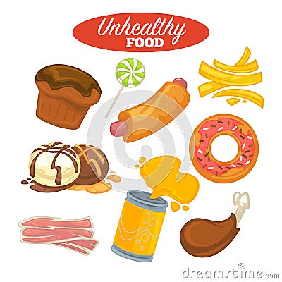 Unhealthy food poster or fast food and fat eating meat and sweets Vector Illustration