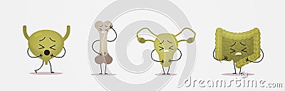 unhealthy funny anatomical mascot bone urinary bladder uterus intestine characters sick damaged green human body Vector Illustration