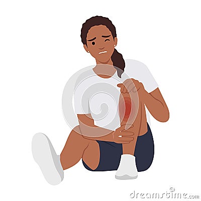 Unhealthy girl sit on ground suffer from knee pain. Unhappy unwell woman struggle with leg injury or trauma Cartoon Illustration