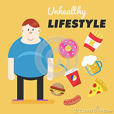 Unhealthy Lifestyle. Concept of unhealthy lifestyle. Fat man and his bad habits. Vector illustration Vector Illustration