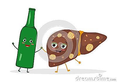 Unhealthy liver with alcohol bottle cartoon character in flat design on white background. Vector Illustration