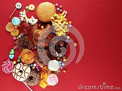 Unhealthy products. food bad for figure, skin, heart and teeth. Stock Photo