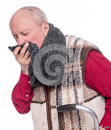 Unhealthy senior man coughing over white background Stock Photo