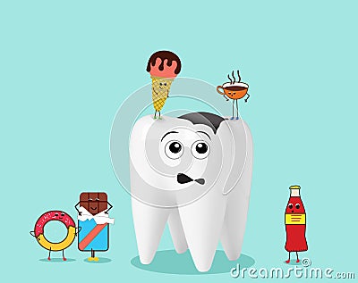 Unhealthy tooth and harmful products on turquoise background, illustration. Dental problem Stock Photo