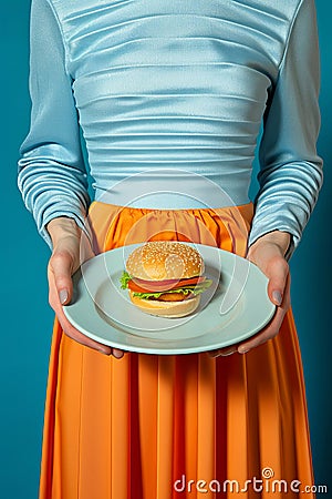 Unhealthy woman food fast meat dieting meal burger Stock Photo