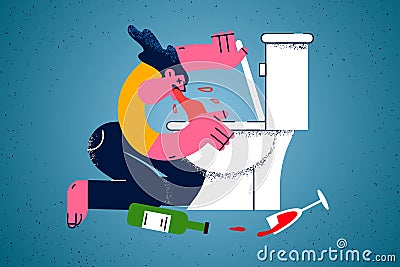 Unhealthy woman suffer from hangover vomit into toilet Vector Illustration