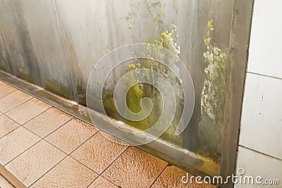 Unhygienic dirty urinal with limescale stain built up Stock Photo