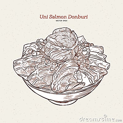 Uni salmon Donbuti, hand draw sketch japanese food Vector Illustration