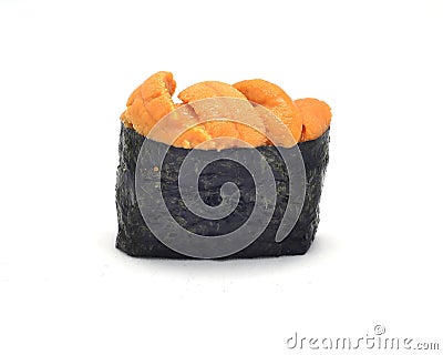 Uni sushi Japanese tradition food.Egg of Sea urchin top on rice rap by Seaweed Stock Photo