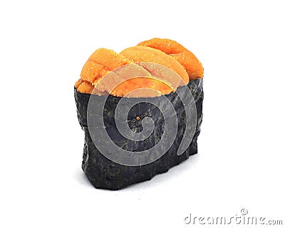 Uni sushi Japanese tradition food.Egg of Sea urchin top on rice rap by Seaweed Stock Photo