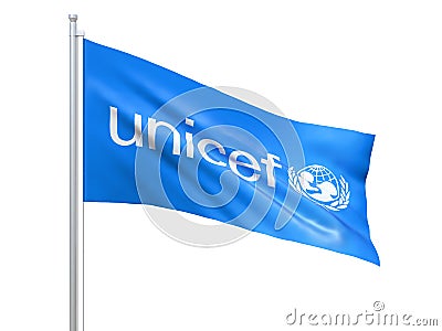 UNICEF United Nations International Children`s Emergency Fund flag waving on white background, close up, isolated. 3D render Editorial Stock Photo