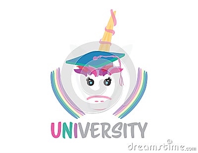 Unicorn with student cap, rainbos and colorful text Vector Illustration