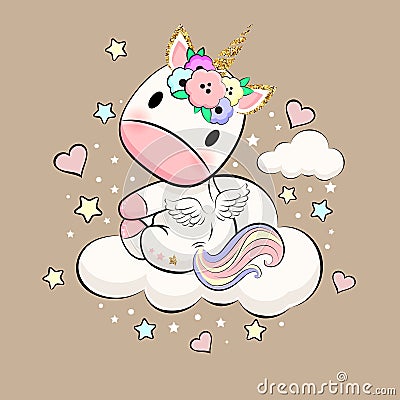 Cute baby unicorn with hearts, stars and clouds Stock Photo