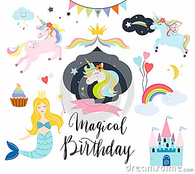 Unicorns collection with fantasy elements Vector Illustration
