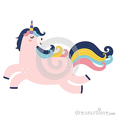 Cute magic unicorn character. Beautiful fairy tale animal in cartoon style Vector Illustration