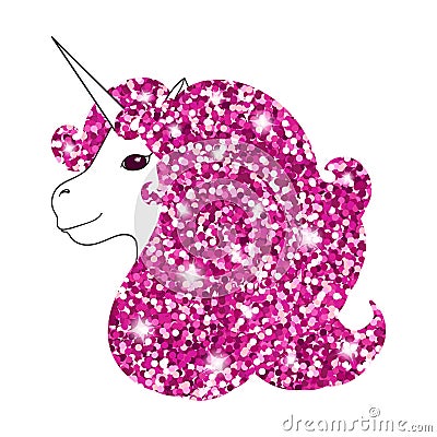 Unicorn with abstract sparkle pink glitter glowing mane. Shiny metallic style background for Valentine day card, poster Stock Photo