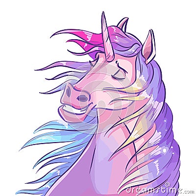 Unicorn animal line vector illustration isolated on white background. Fabulous happy horse with horn and flowing hair funny Vector Illustration