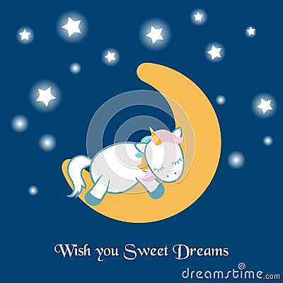 Unicorn asleep on the moon Vector Illustration