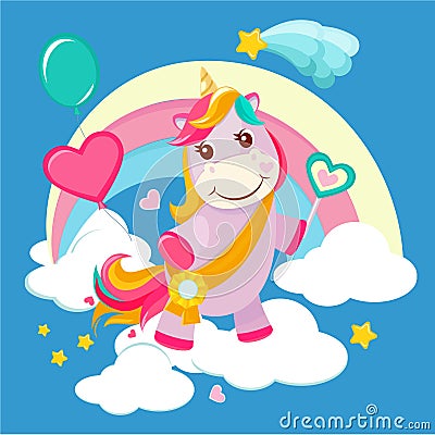 Unicorn background. Fairy tale cute little horse standing on fantasy rainbow magical birthday vector picture for girls Vector Illustration