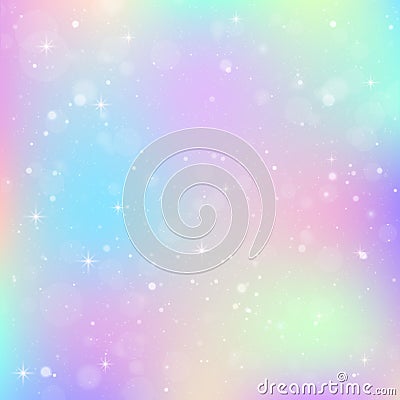 Unicorn background with rainbow mesh. Colorful universe banner in princess colors. Fantasy gradient backdrop with hologram Vector Illustration