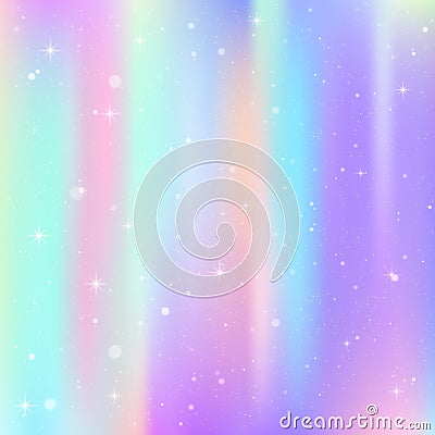 Unicorn background with rainbow mesh. Colorful universe banner in princess colors. Fantasy gradient backdrop with hologram Vector Illustration