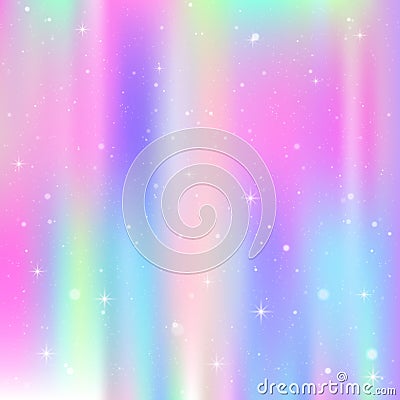 Unicorn background with rainbow mesh. Colorful universe banner in princess colors. Fantasy gradient backdrop with hologram Vector Illustration