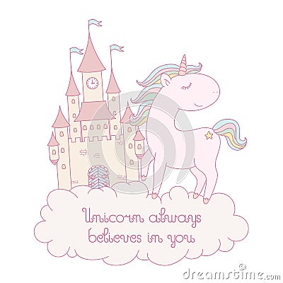`Unicorn always believes in you` card Vector Illustration