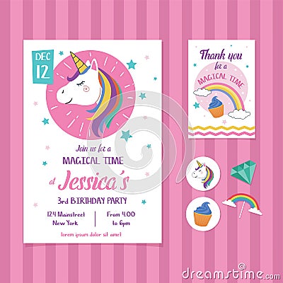 Unicorn Birthday Invitation Card Template with Unicorn Head Illustration Vector Illustration