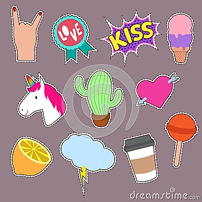 Unicorn, cactus, kiss embroidery word icons. Cute fashion girl patches vector collection Vector Illustration