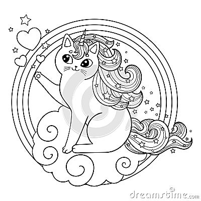 Unicorn cat on a cloud in a round frame. Cute kitten with mane and horn. Black outline coloring book clip art. Vector Vector Illustration