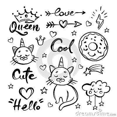 UNICORN CAT Hand Drawn Sketch Doodle Lettering Vector Set Stock Photo