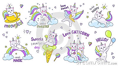 Unicorn cats. Cute doodle characters with kawaii faces and quotes, children hand drawn stickers of funny kittens on Vector Illustration