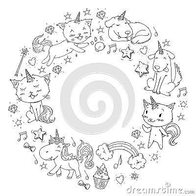 Unicorn frame. Cats, dog, horse, pony. Vector image. Coloring page for children book. Kindergarten background for Vector Illustration