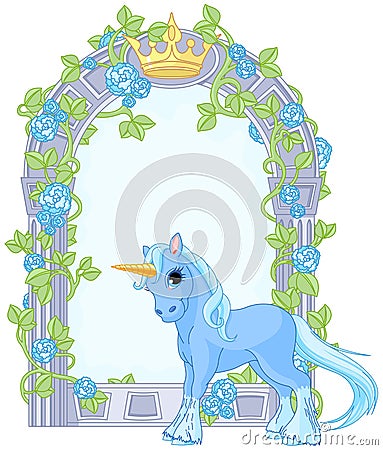 Unicorn close to flower frame Vector Illustration